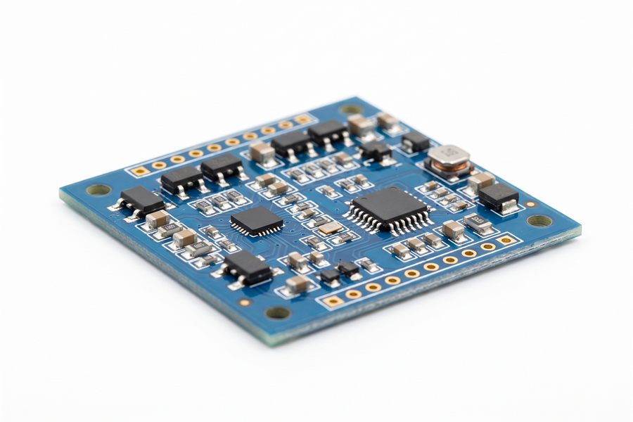 Bestückte blaue FR4-Leiterplatte in SMD-Technik mit verlöteten ICs, Transistoren und Chip-Bauteilen
